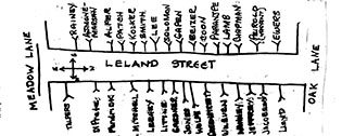 Hand drawn map of Leland Street from the Leeland Street News c. 1974